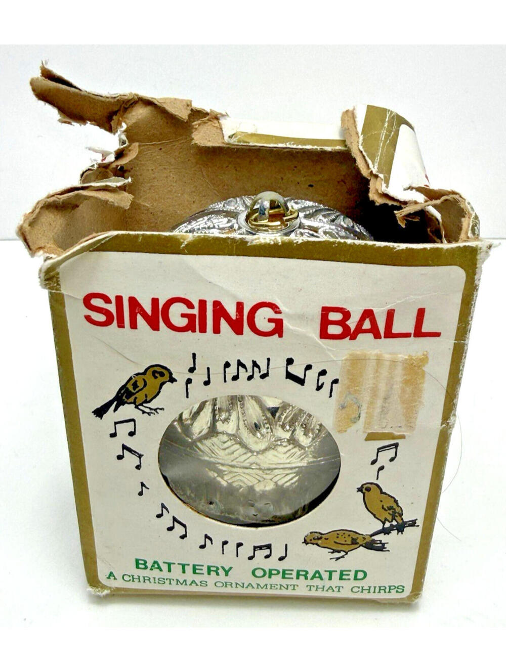 Vtg Singing Ball Silver Filigree Ornament Christmas Plastic Chirps Bird Works
